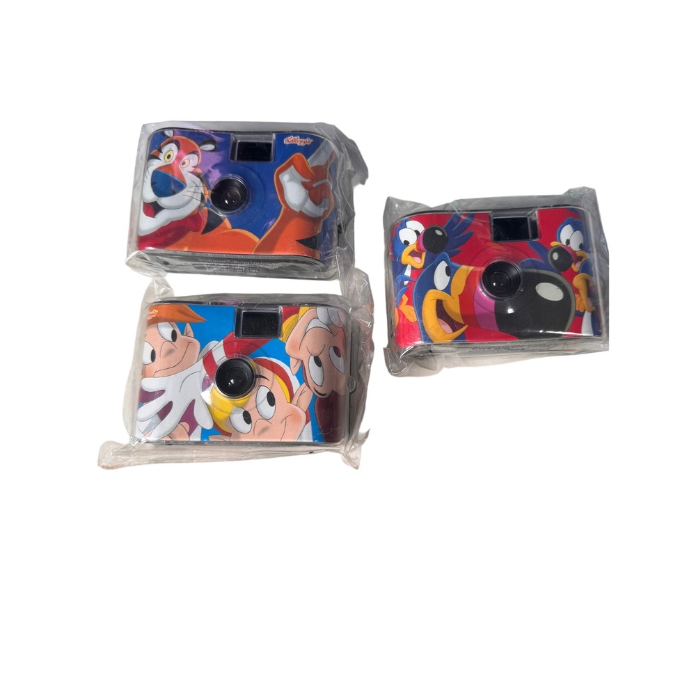Lot of 3 Vintage Kelloggs 35mm Film Cameras Tony Tiger Toucan Sam Snap Crackle